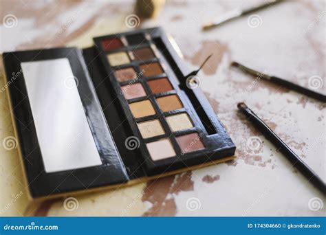 Nude Palette Of Shadows And Brush Fashion Beauty Concept Professional Makeup Decorative