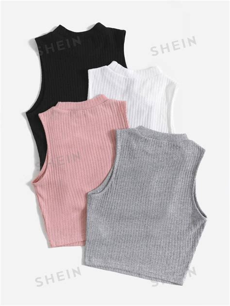 Shein Ezwear 4pcs Mock Neck Rib Knit Tank Top Shein Usa