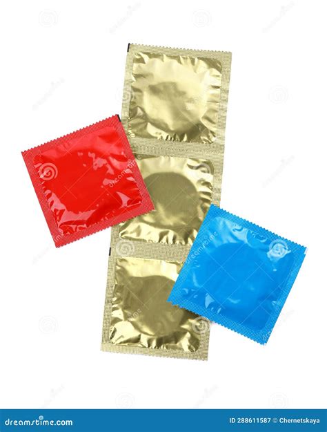 Condom Packages Isolated On White Top View Safe Sex Stock Image