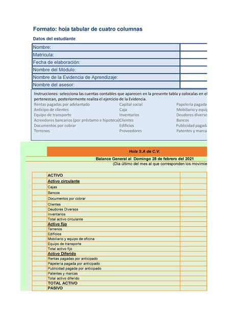 Balance General Formato Hoja Tabular De Cuatro Columnas ACTIVO