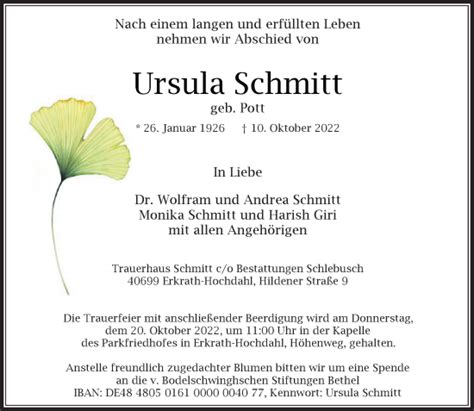 Alle Traueranzeigen F R Ursula Schmitt Trauer Rp Online De