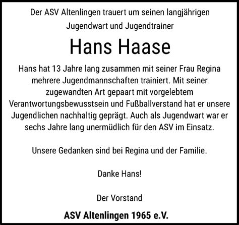 Traueranzeigen Von Hans Haase Noz Trauerportal