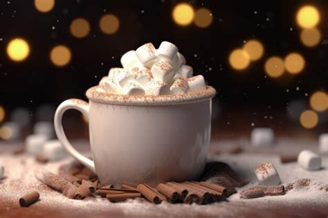 Premium Photo Cup Of Hot Chocolate With Whipped Cream And Marshmallows On Blurred Background