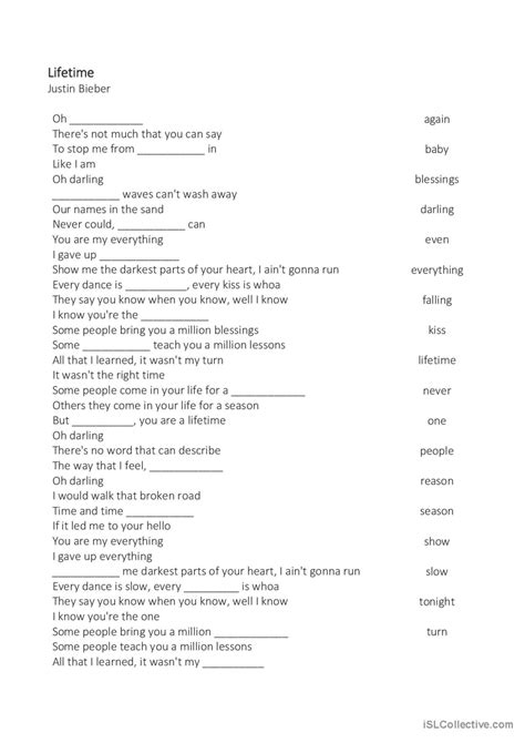 Lifetime Justin Bieber English Esl Worksheets Pdf Doc