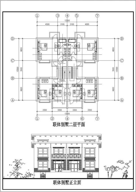 某二层带地下层框架结构联排别墅设计cad建筑平立面方案图（标注详细）土木在线