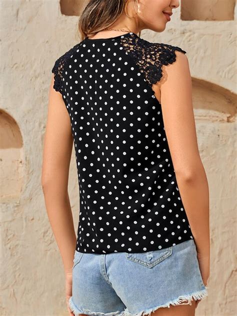 Shein Clasi Polka Dot Notched Neck Contrast Lace Blouse Shein Usa