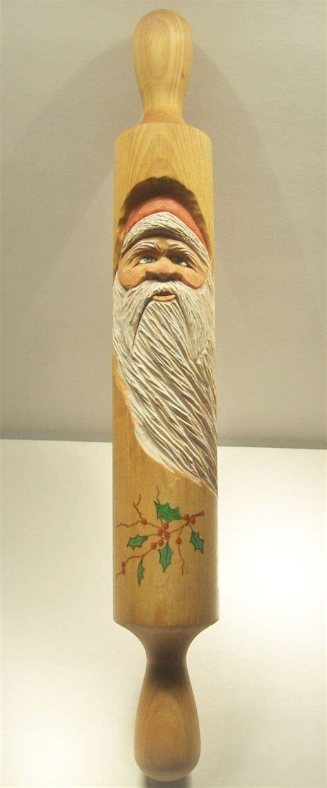 Hand Carved Rolling Pin With Christmas Santa And By Thegardenandmore 95