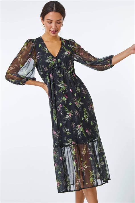 Green Floral Print Midi Stretch Dress Roman Uk