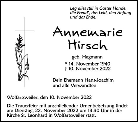 Traueranzeigen Von Annemarie Hirsch Schwaebische De Trauerportal