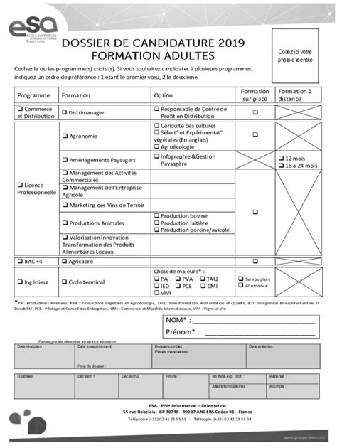 Fillable Online Fillable Online Remplissable Nom Prnom Esa Angers
