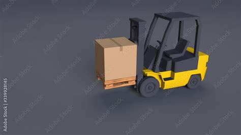 3D Animation A Yellow Forklift Picks Up A Large Box On A Pallet Stock