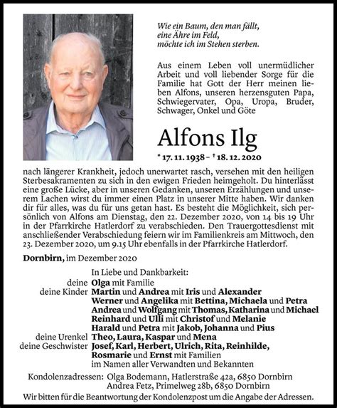 Todesanzeigen Von Alfons Ilg Todesanzeigen Vorarlberger Nachrichten