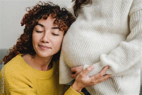 Gay Female Couple Having Tender Moment Listening Her Pregnant Wife Baby Belly Lgbt Lesbian