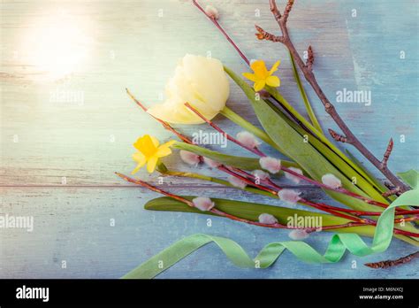 Easter Background With Easter Eggs Pussy Willow And Spring Flowers