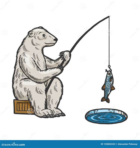 Polar Bear Fishing Color Sketch Engraving Vector Stock Vector