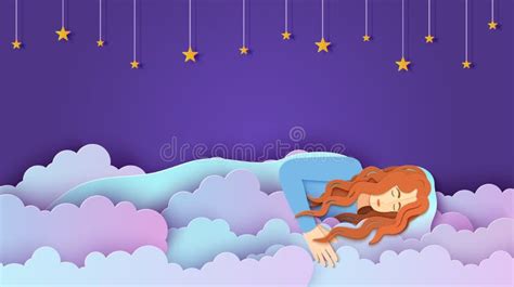 Sleeping Girl In Clouds In Paper Cut Style Young Woman Sleep And