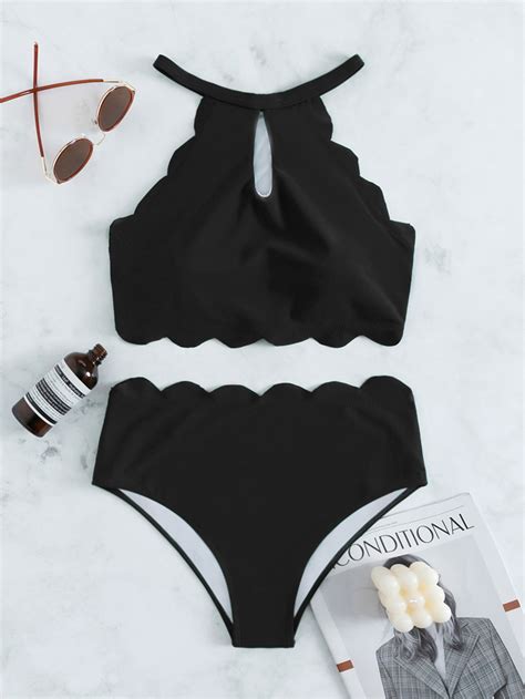 Shein Swim Basics Set Bikini Unicolor Con Ribete Festoneado Parte