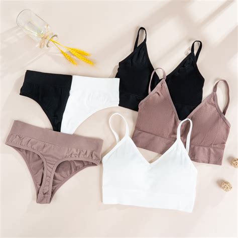 Pcs Bra Sets Women Ribbed Tops Sexy Thongs Lingerie Set Solid Color Wire Free Bra And Panty Set