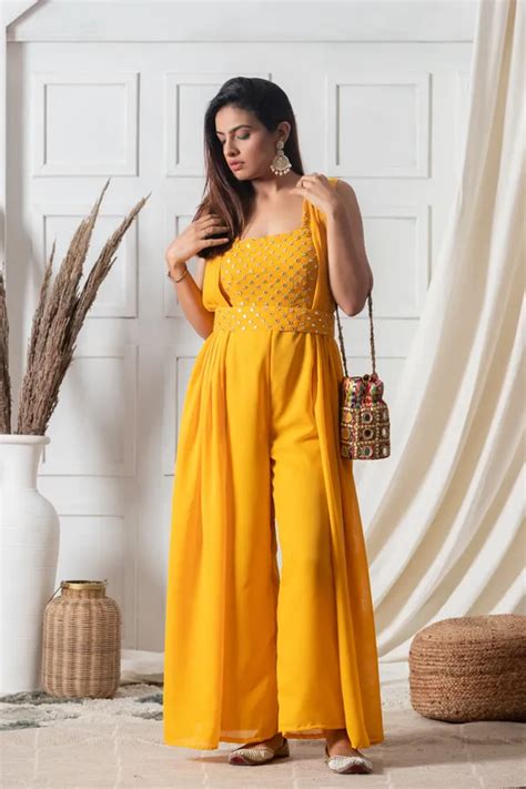 Niyaksha Georgette Yellow And Golden Indo Western Jumpsuit Price In