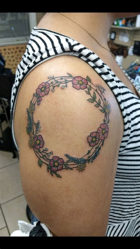 Floral Wreath Tattoo Circular Shoulder Tattoo Flowers And Greenery