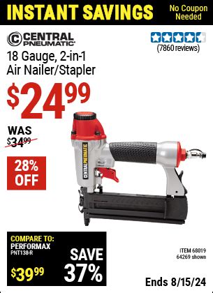 CENTRAL PNEUMATIC 18 Gauge 2 In 1 Air Nailer Stapler For 24 99