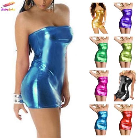 Women Sexy Patent Leather Bodycon Strapless Clubwear Party Dress