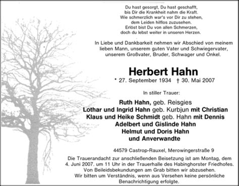 Traueranzeigen Von Herbert Hahn Trauer In NRW De