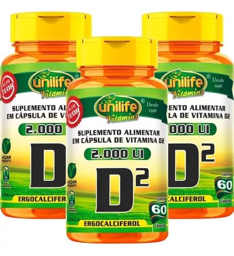 Kit 3 Un Vitamina D2 Ergocalciferol 2000 Ui 180 Cáps Unilife Frete grátis