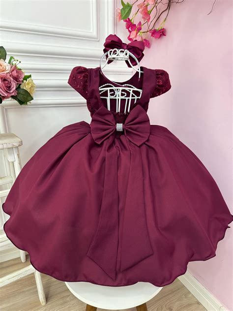 Vestido Infantil Marsala Busto C Renda e Cinto de Pérolas Rosa