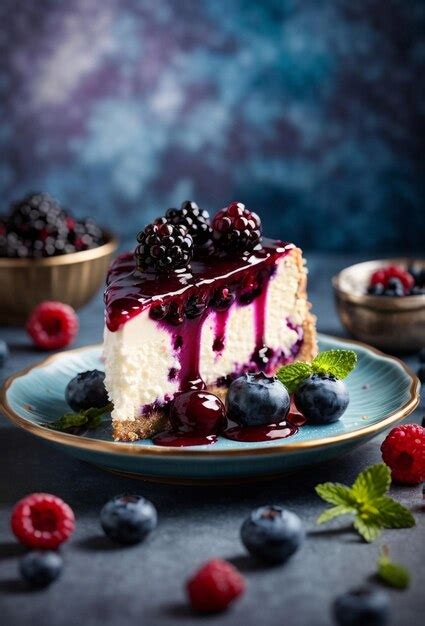 Premium Ai Image Piece Of Cheesecake With Black Currant And Blueberry