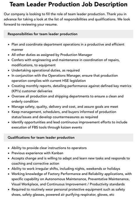 Team Leader Production Job Description Velvet Jobs