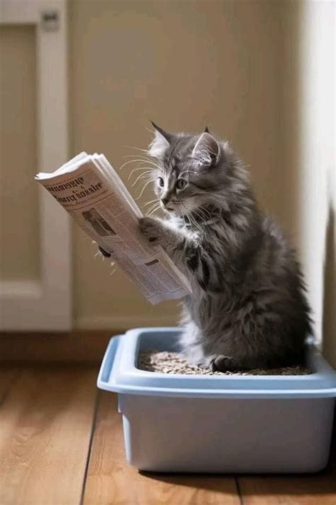 Adorable Kitty Reading Newspaper In Litter Box