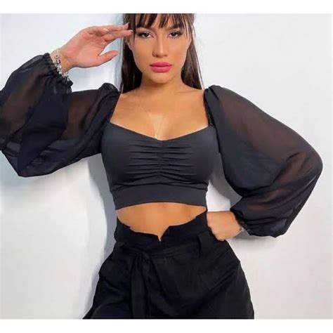 Cropped Juliette Manga Longa Tule Bojo Moda Feminina Shopee Brasil