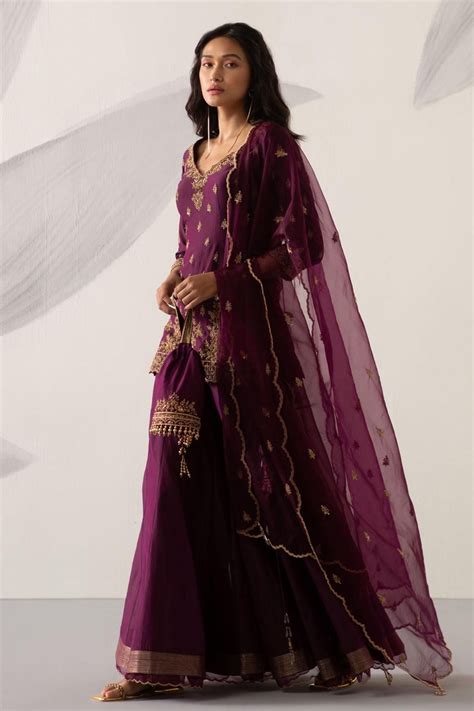 Buy Sureena Chowdhri Purple Silk Chanderi Zardozi Work Kurta Gharara