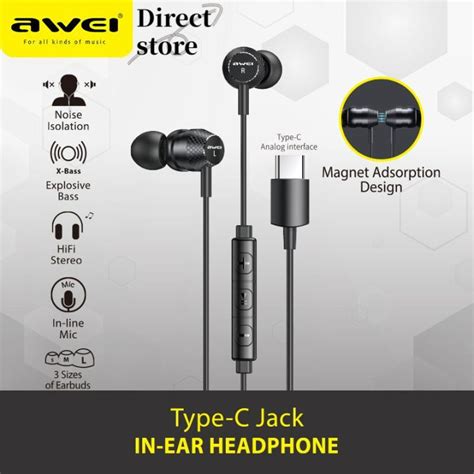 Awei Tc Type C Jack In Ear Wired Earphone Noise Reduction