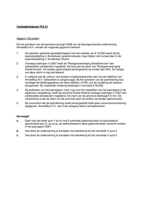 Proef Oefen Tentamen 2012 Vragen Voorbeeld Tentamen TFA 10 Opgave 1