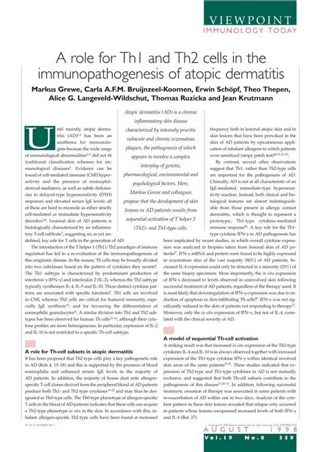 Pdf A Role For Th1 And Th2 Cells In The Immunopathogenesis Of Atopic