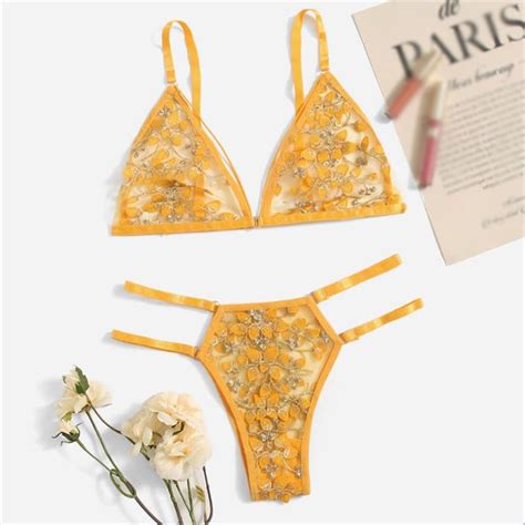 Sexy Embroidery Flower Lingerie Three Point Bra Panties Set Three Dimensional Ebay
