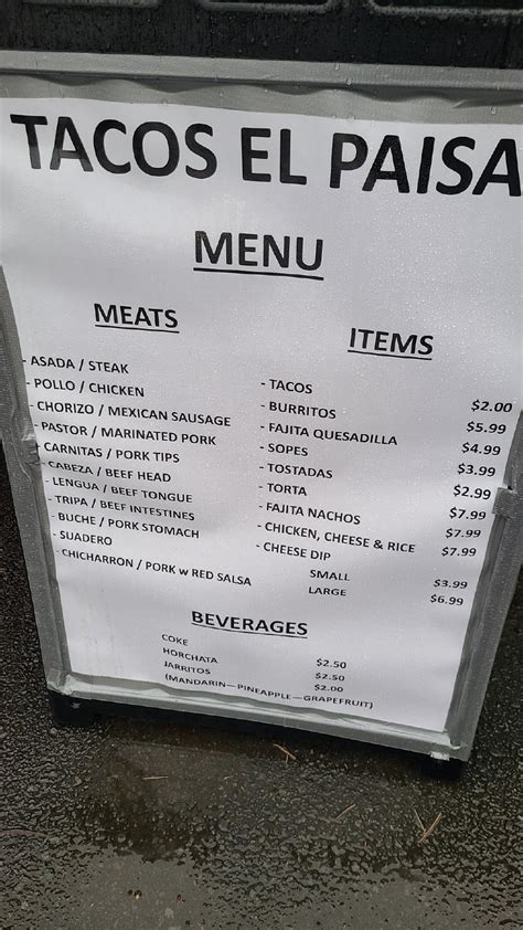 Menu At Tacos El Paisa Food Truck Restaurant Conway