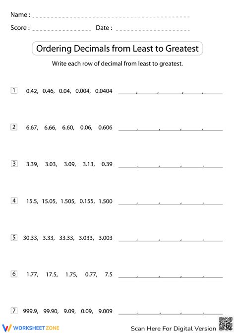 Ordering Decimals Worksheet 6th Grade