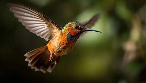 Hummingbird hovering mid air, spreading iridescent multi colored wings