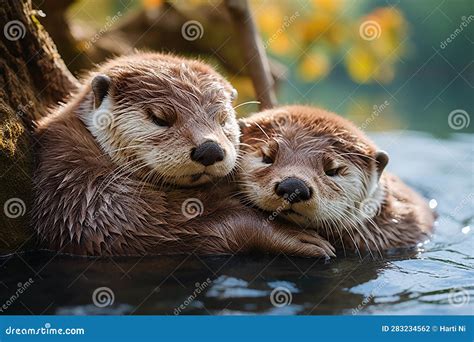 A Pair Of River Otters Holding Hands While Swimming In A Stream