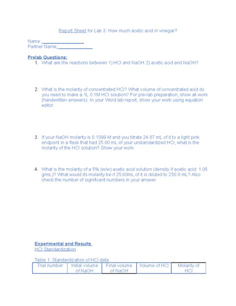 Report Sheet For Lab 3 What Are The Reactions Between 1 Hcl And Naoh 2 Acetic Acid And Naoh