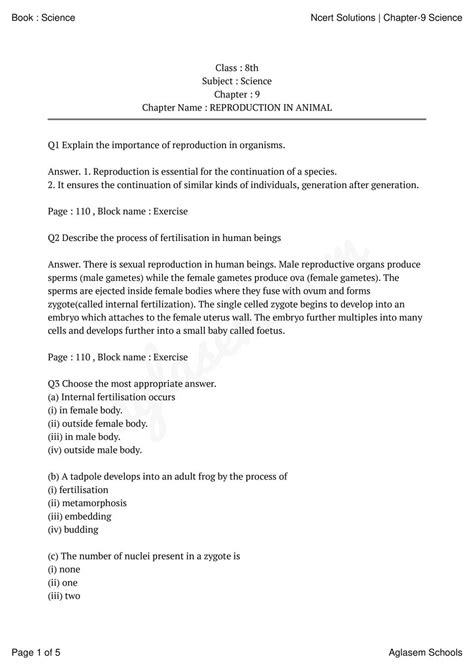 Ncert Solutions For Class 8 Science Chapter 6 Reproduction In Animals Pdf