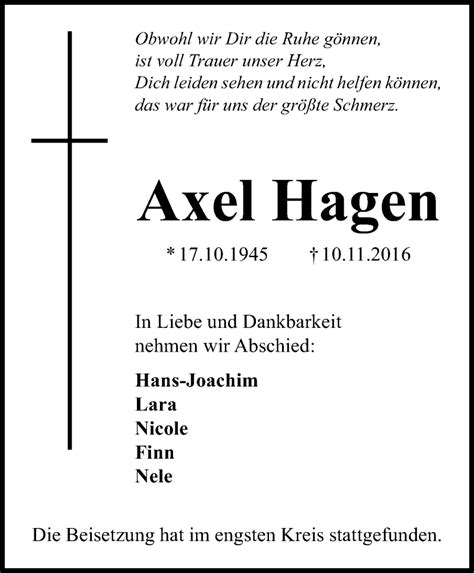 Traueranzeigen Von Axel Hagen Trauer In NRW De