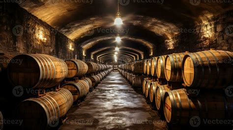 Wine Barrels Stacked In The Old Cellar Of The Winery Generative Ai