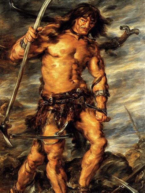 A Full Figure Portrait Of Conan The Barbarian Holding Stable Diffusion