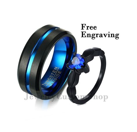 Black And Blue Promise Rings For Couples His And Her Promise Rings Etsy