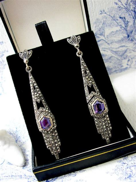 Vintage Art Deco Sterling Silver Marcasite Earrings Amethyst Etsy