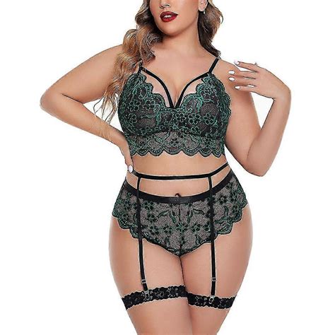 Plus Size Women Hollow Out Sexy Lace Push Up Bra Pantie Wtih Garter Belts Lingerie Set